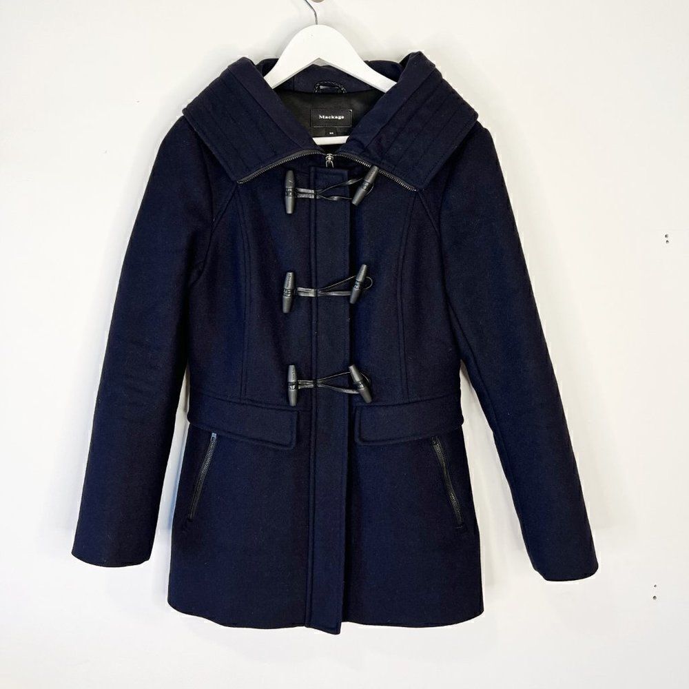 Mackage Zandra Navy Blue Wool & Cashmere Hooded Duffel Coat